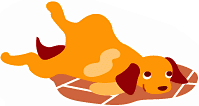 ”webサイトイラスト画像。タイルの床で寝転がるペットの犬。”
