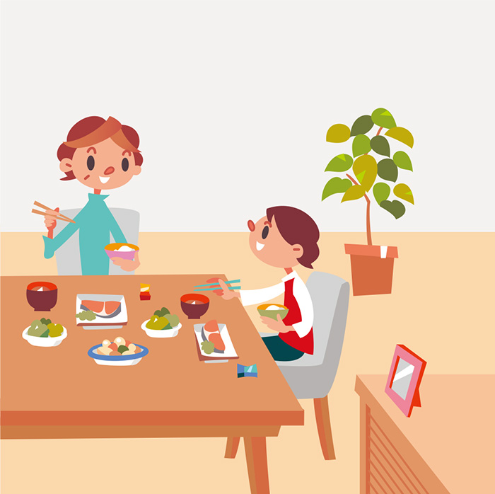 ”小学生の男の子と若々しいおばあちゃんが、落ち着いたおしゃれなフローリングのリビングダイニングのテーブルで、焼き魚と野菜の献立で食事をしている。観葉植物とキャビネットの上に写真立ても見える。広告用イラスト原画画像。”