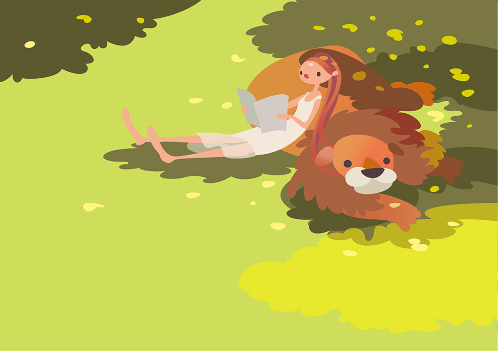 ”若い女性が大きなライオンにもたれ、木漏れ日の芝生の木陰で昼寝がてら読書してリラックス。オリジナルイラスト画像。”