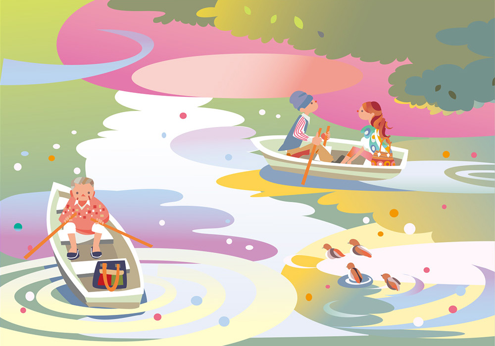 ”春の公園でボートを漕ぐカップルと高齢シニア男性。桜や緑のやわらかい影や穏やかな波紋・光線・雲が水面に映る。鴨の親子も泳いでいる。オリジナルイラスト画像。”