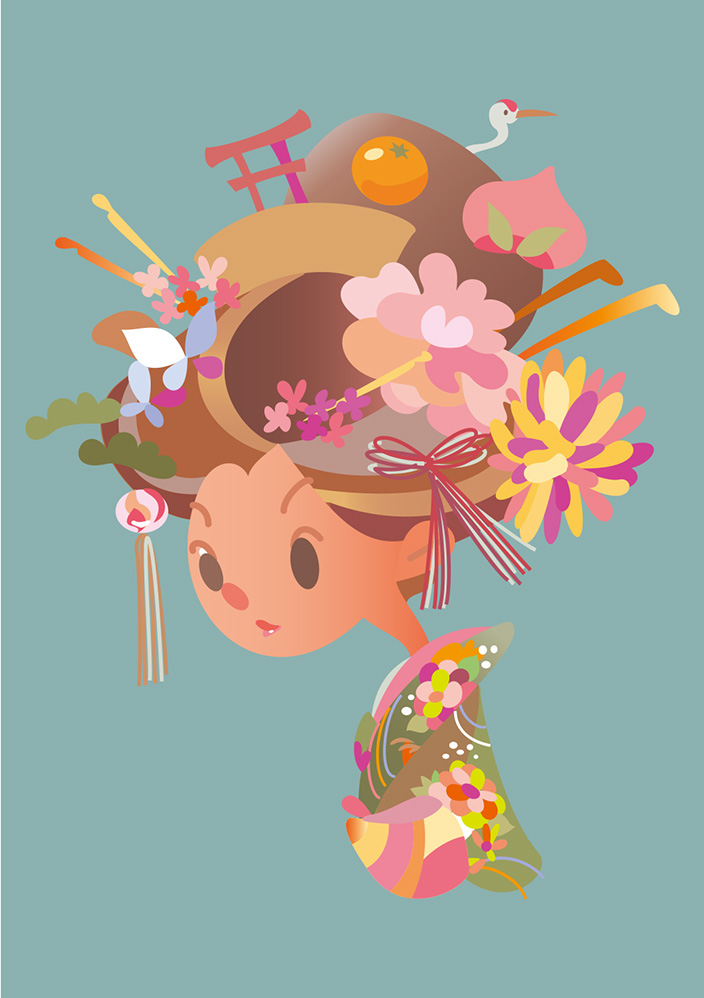 ”盛り上げた日本髪に振り袖着物姿の女性。和風のやわらかい淡い色調で鶴や鳥居、桃やミカン、蝶や牡丹や菊の髪飾りと簪、現代的でモダンな帯に伝統的な花柄の着物。舞妓や芸者のような華やかな衣装。オリジナルイラスト画像。”