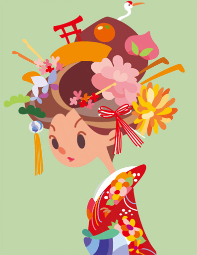 ”オリジナルイラスト画像。頭におめでたい縁起物の髪飾りを盛りつけた赤い振り袖を着た女の子。”