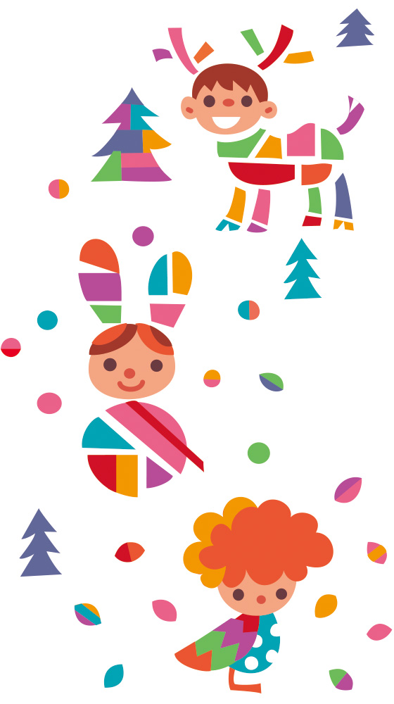 ”オリジナルイラスト画像。テキスタイルパターンの図案のキャラクターデザイン。トナカイ、鹿、うさぎ、小鳥。冬のイメージ。”