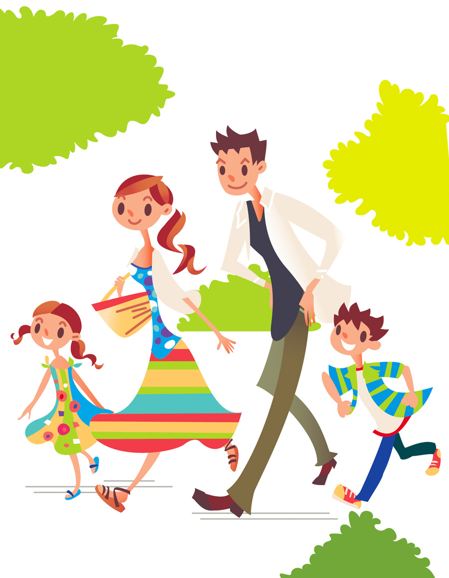 ”オリジナルイラスト画像。黒いVネックのインナーにオフホワイトの白いシャツとオリーブ色のチノパンの父親、ドットのチューブトップにカラフルなマルチカラーのスカートえバスケットをさげた母親、サマードレスの少女、ボーダーシャツにバイカラーのTシャツとインディゴデニムの少年、の4人家族ファミリーが楽しそうに散歩道を歩いている。”
