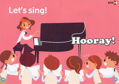 ”テキスト書籍イラスト画像。音楽の授業。グランドピアノを弾く女性の先生。楽譜を持って楽しく合唱する子ども達。”