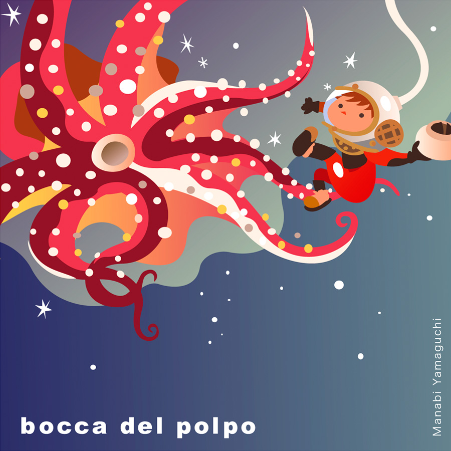 ”書籍挿絵イラスト画像。星がきらめく宇宙遊泳のような海の中で大きなタコの足を華麗にかわす潜水士。手には美味しいタコトンビが。”