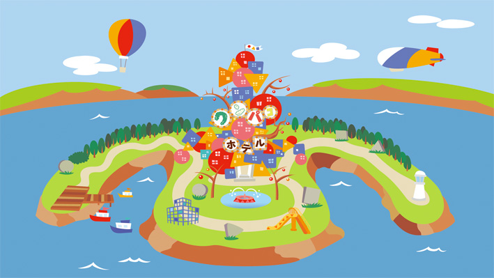 ”子供向け幼児教育番組のキャラクターが住む島にあるリゾートホテル「ワンパコホテル」。船着場、灯台、公園、ホテルのある島全景と広い海、飛行船、気球。”